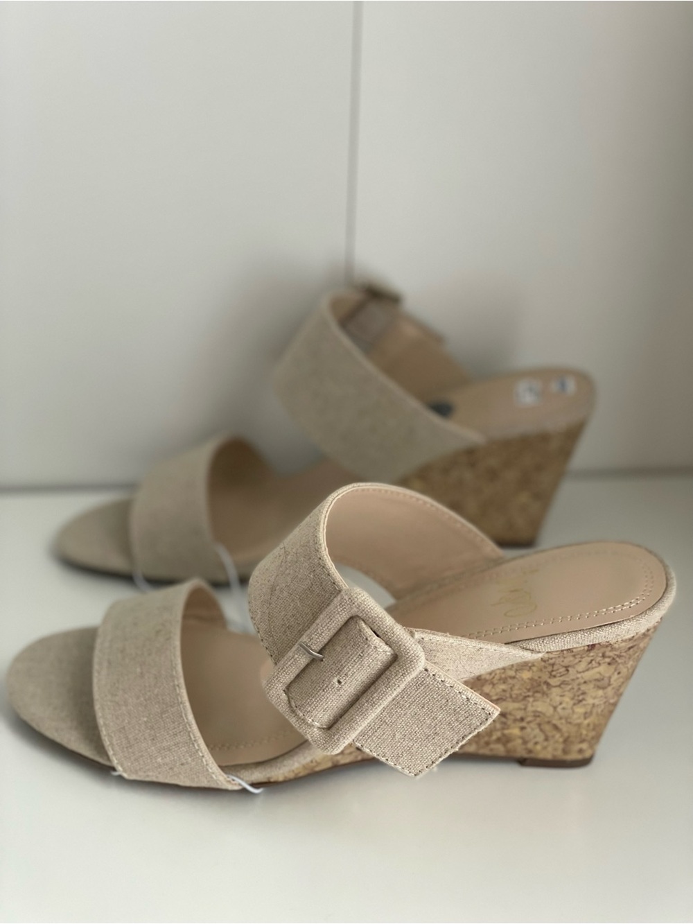 Beige Linen Cork Wedge Sandals - Women